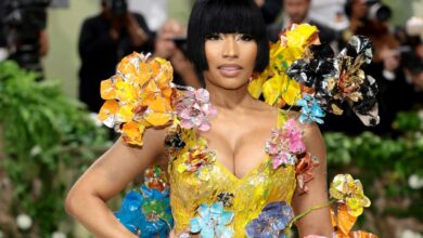 Nicki Minaj Blossoms in Golden Floral Dress at 2024 Met Gala