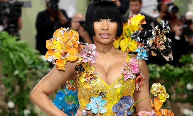 Nicki Minaj Blossoms in Golden Floral Dress at 2024 Met Gala