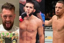 Conor McGregor and Nate Diaz react after Islam Makhachev stops Dustin Poirier at UFC 302