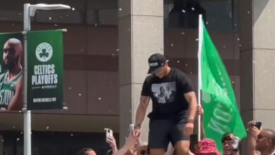 Joe Mazzulla jumping off a duck boat roof on a torn meniscus is most unhinged moment of Celtics’ parade