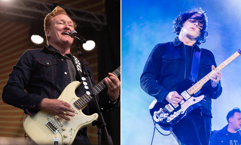 “You tell me, Professor, when you’re ready to go!” Conan O’Brien invites Jack White – and his wild custom Fenders – to swap solos on White Stripes and Eddie Cochran classics at the Newport Folk Festival