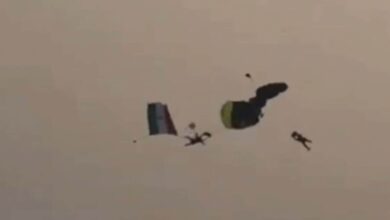 Watch | Indian Navy officer’s ‘free-fall’ in Vizag’s Rama Krishna beach after parachute mix-up