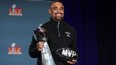 Super Bowl MVP Jalen Hurts celebrates at Disney World