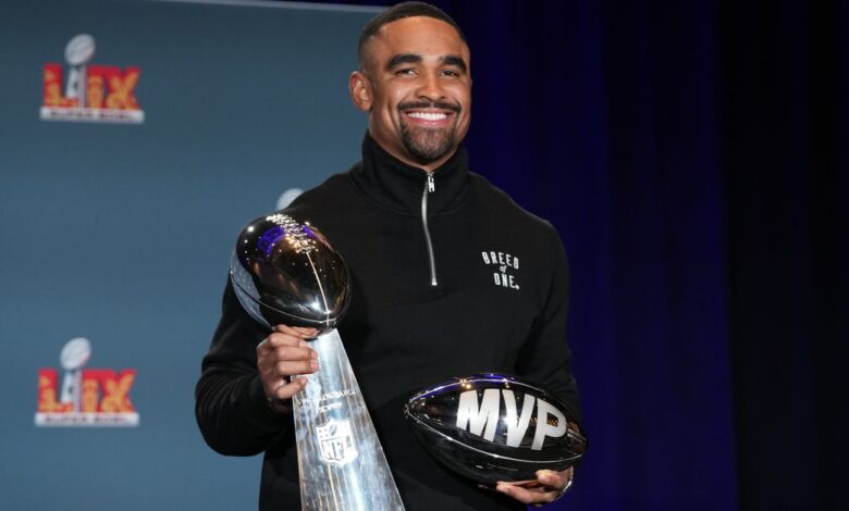 Super Bowl MVP Jalen Hurts celebrates at Disney World