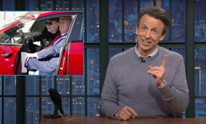 Seth Meyers gleefully roasts Trump and Musks Tesla ad