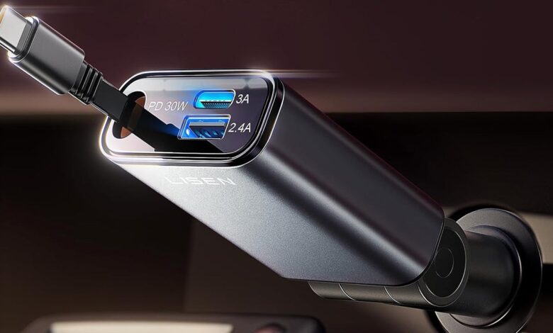 Grab a Lisen 3-Port 57W USB Car Charger with Retractable USB-C Cable for Just $10